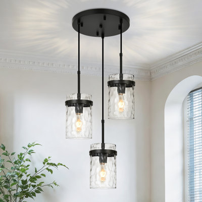 Levona 3-Light Water Hammered Glass Dimmable Kitchen Island Pendant （Matte Black）