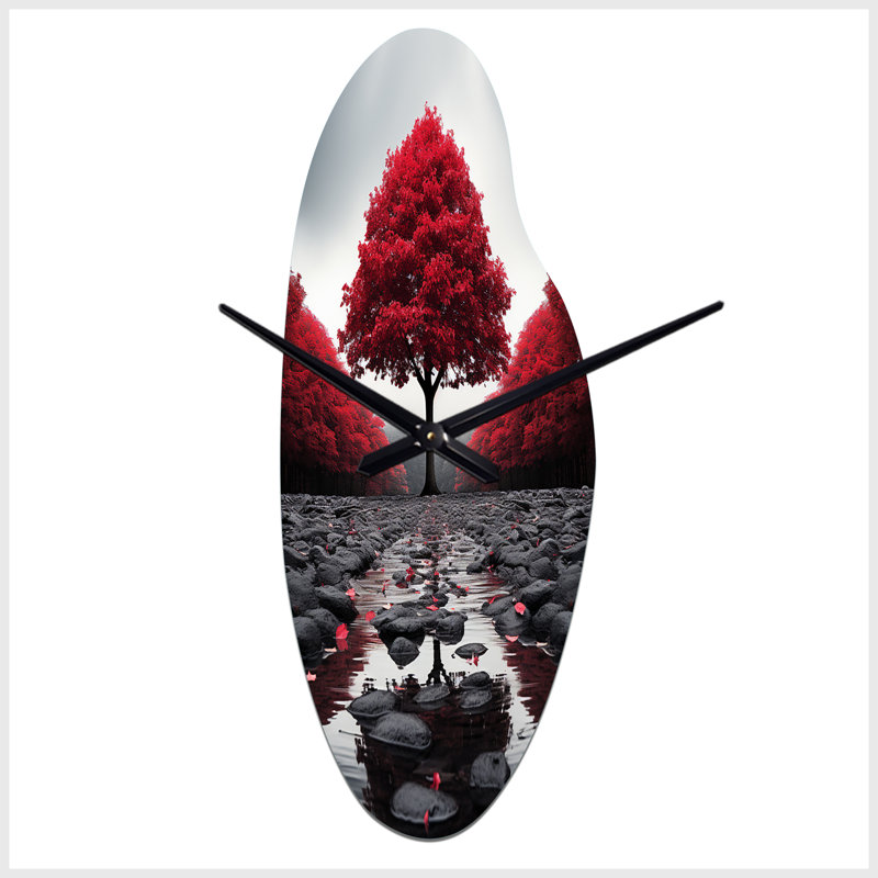 Red And Grey Forest Serenity - Forest Asymmetrical Metal Clock, Red Curved Metal Clock Print, Large