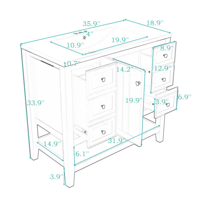 Meuble-lavabo avec une armoire et trois tiroirs, Blanc