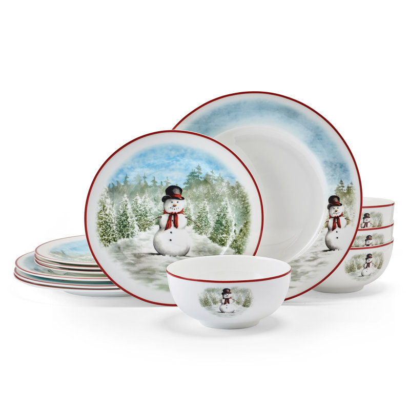 Snowman Enchantment 12-Pc Bone China Dinnerware Set, Service For 4