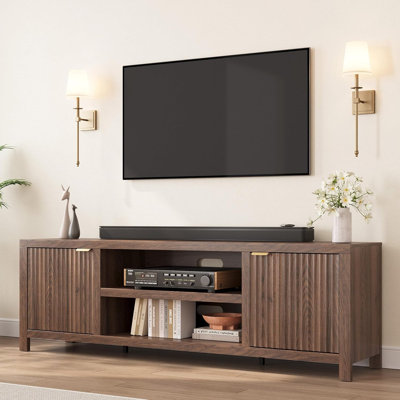 Fluted TV Stand For 80 Inch, Modern Entertainment Center With Storage, Wooden Media Console Cabinet With Fluted Door And Gold Handle For Living Room Bedroom