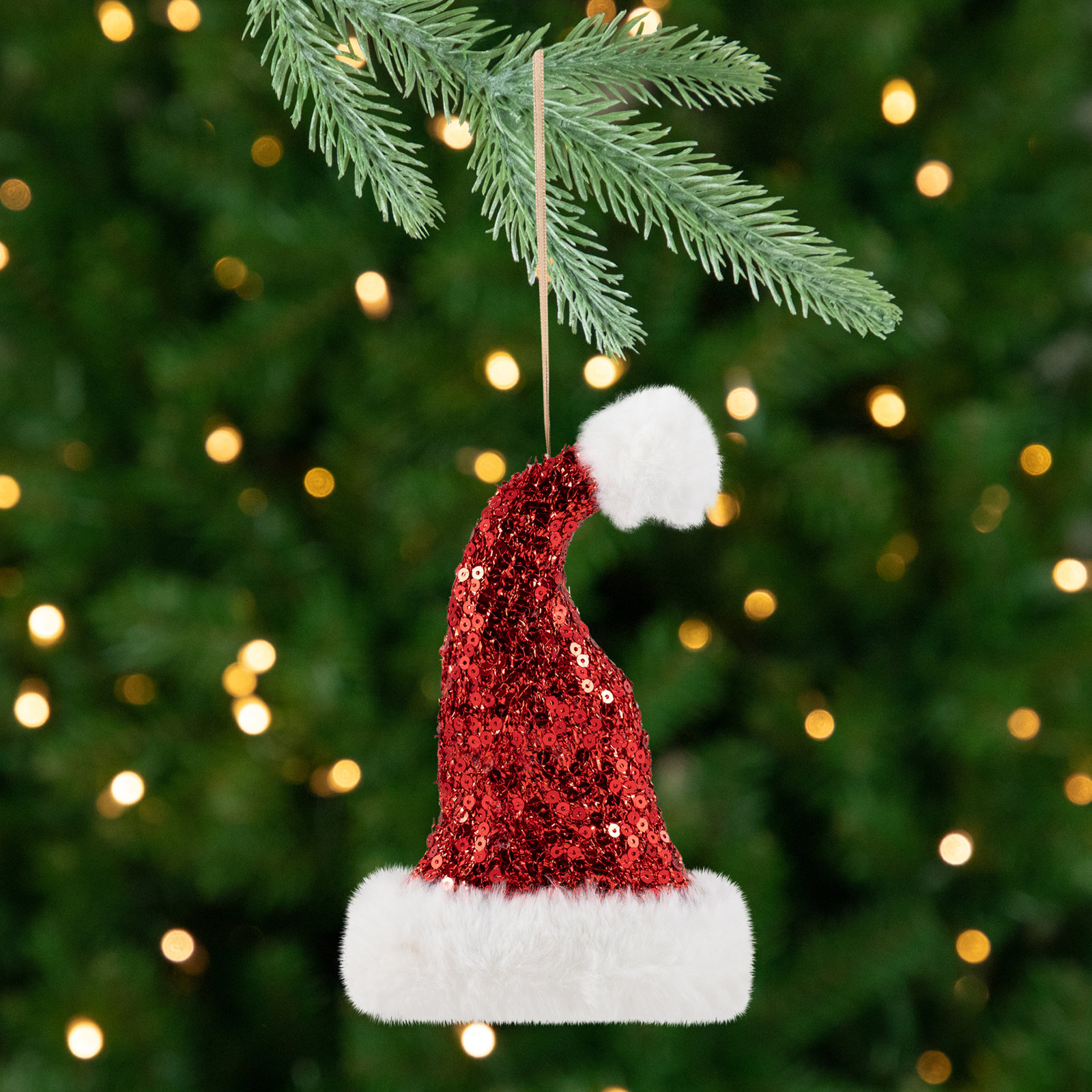 Sequined Santa Hat With Plush Trim Christmas Ornament - 8.5" - Red