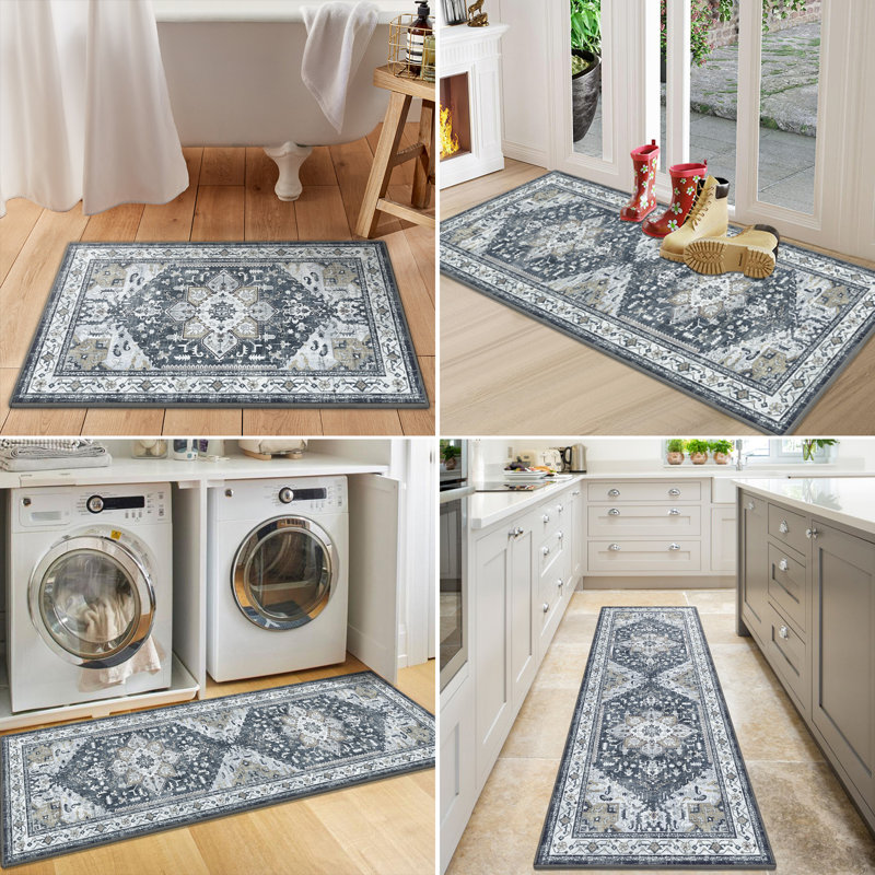 Faux Nylon Pile Non-Slip Washable Kitchen Mats (Set of 3), Gray