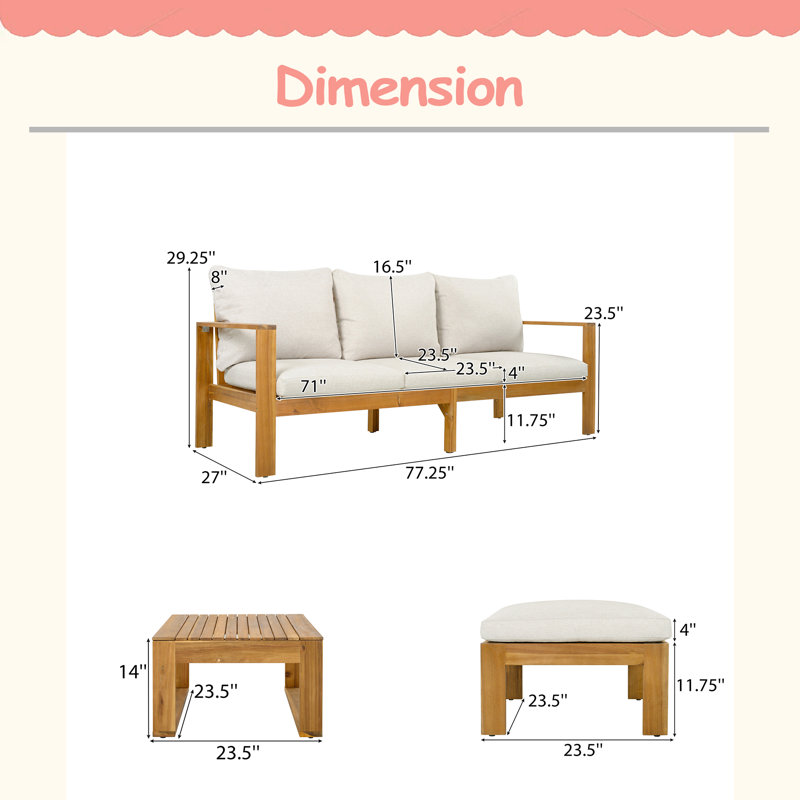 Ensemble de canapé modulaire d'extérieur en acacia 3 pièces, coussin confortable