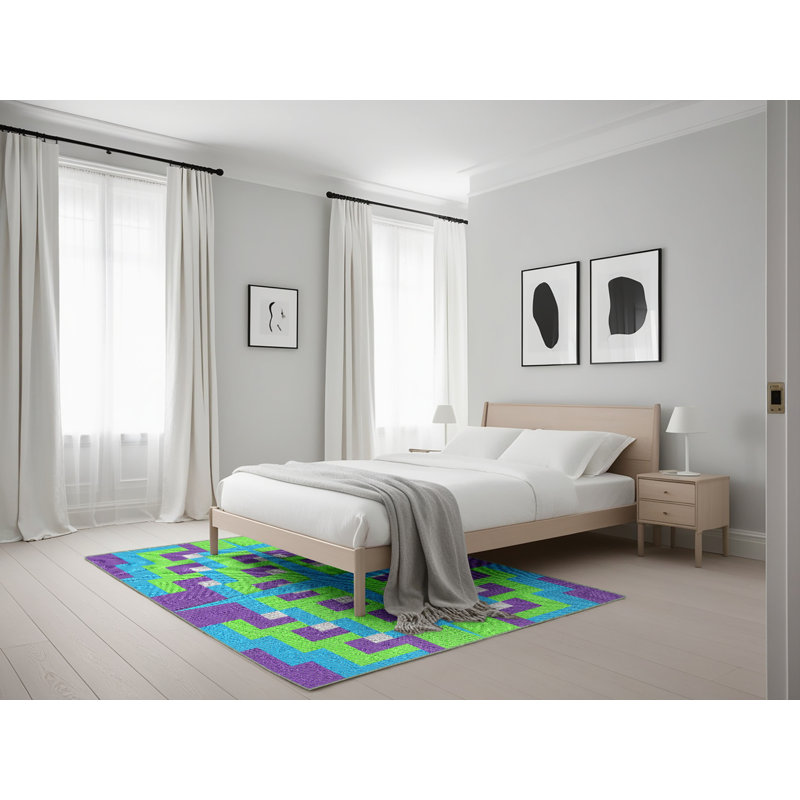 Tapis à motifs vert/bleu/mauve zone mauve, Rectangle 5 pi x 7 pi