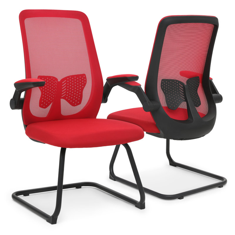 Task Chair, Mesh Office Seat with Lumbar Support Backrest & Flip-Up Arms, Red