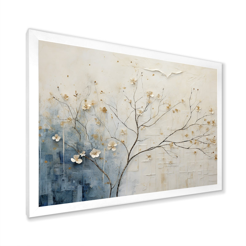 Minimalisme beige et bleu campagne - campagne encadrée, art mural, Cadre simple blanc, H 16 po x l 32 po x P 1 po