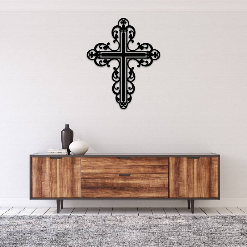 Art mural en filigrane de croix en métal - Décoration murale religieuse chrétienne - motif de croix décorative ornée - décoration spirituelle de la maison - décoration murale inspirée de l'église - sculpture en métal industrielle rustique - œuvre d'art élégante