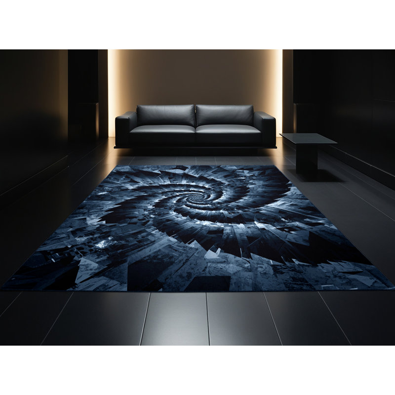 Machine Washable Pahola Art Deco Geometric Rug in Blue – Navy Binding, 7 x 10