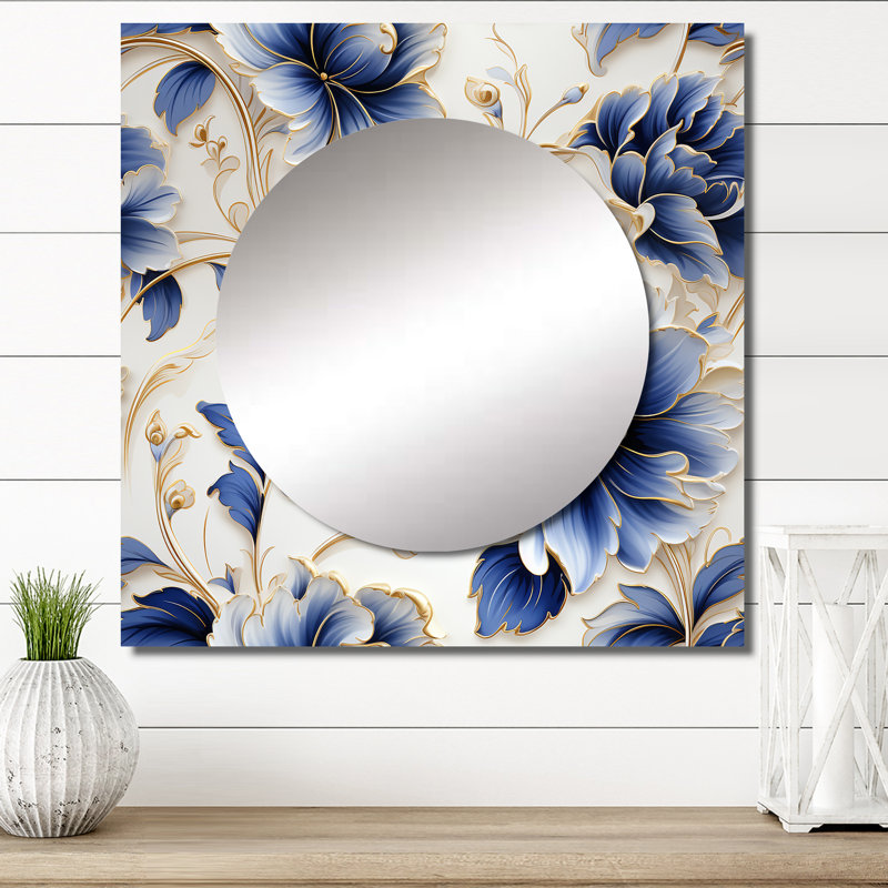 Motif victorien en filigrane bleu cobalt - grand miroir carré floral pour décoration murale, 23 po x 23 po
