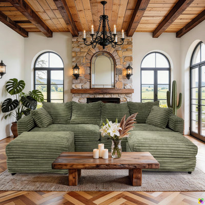Anneisha 102.4"W Corduroy Convertible Modular 4 Seater U-shape  Sectional, Chaise Lounge, 2 Ottomans