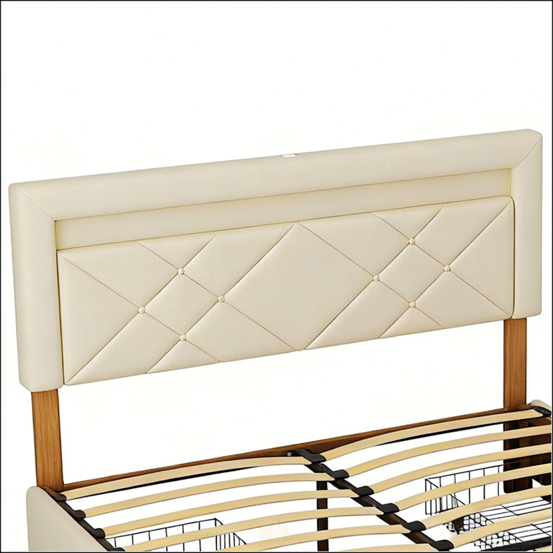 Structure de lit très grand avec tête de lit haute, plateforme rembourrée pour un style rétro simple, aucun sommier tapissier requis, assemblage facile, ivoire