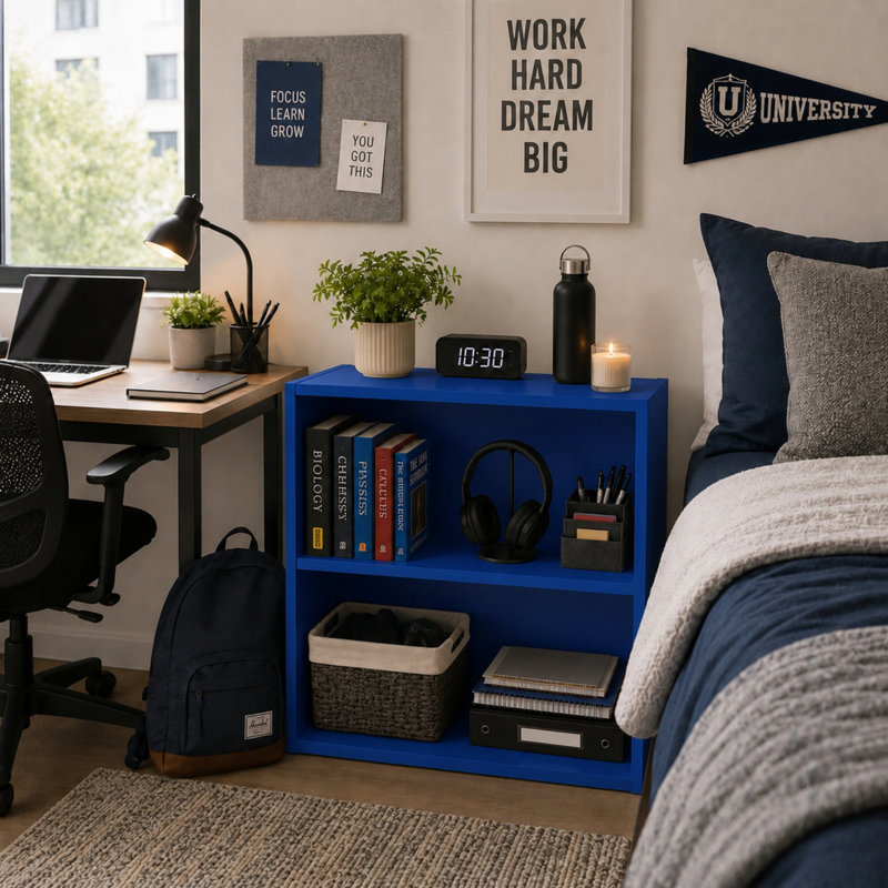 Bibliothèque moderne à 2 tablettes, petit espace de rangement en bois ouvert pour la chambre à coucher, la chambre de bébé, la salle de jeux, le bureau personnel et le salon - bleu