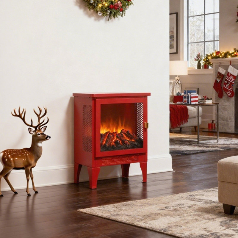 18 - Inch Freestanding Electric Fireplace In Classic Red, 3D Flame Visual, Double Protection, 1400W/700W Heat Output, 5000 'S, 50000 Hours Led, Three Sided Panoramic, Removable Base, Simple Buttons