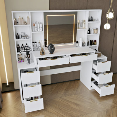 Meuble-lavabo de 59 po avec bandes à 3 couleurs à DEL, 8 tiroirs et tablettes ouvertes, luminosité réglable, pour la chambre à coucher, design américain, ton de bois blanc, miroir amovible, grandes lumières, commode