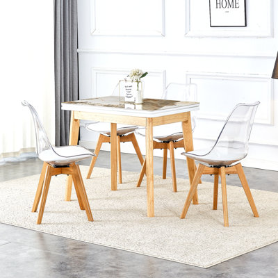 Plateau de table brûlant en pierre blanche avec pieds en bois d'hévéa, bureau d'ordinateur pliable, bureau pliable, 4 chaises modernes pouvant pivoter à 360 degrés, le coussin de siège est fabriqué en polyuréthane.