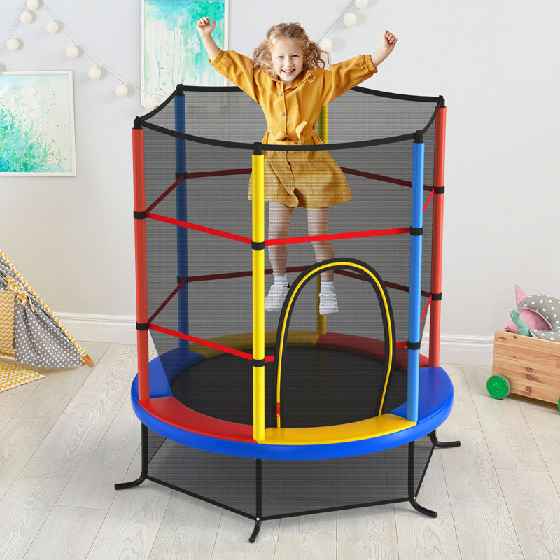 Trampoline de jardin rond de 5,4 pi avec enceinte sécuritaire Gymax, Rouge / jaune / bleu