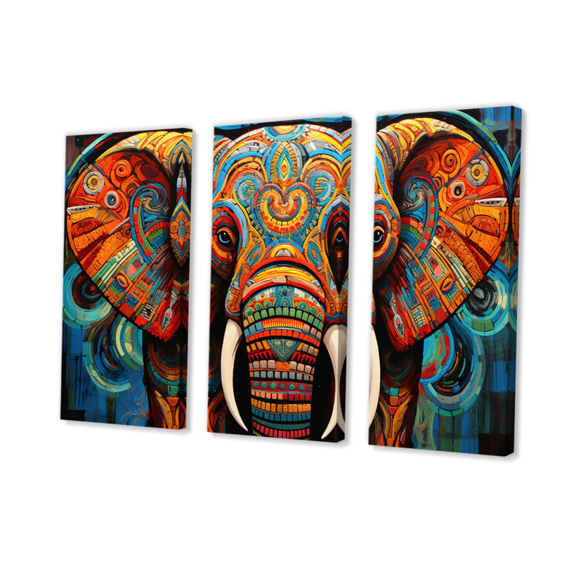 Éléphant tribal majestueux sur toile, 3 pièces, H 28 po x l 36 po x P 1 po