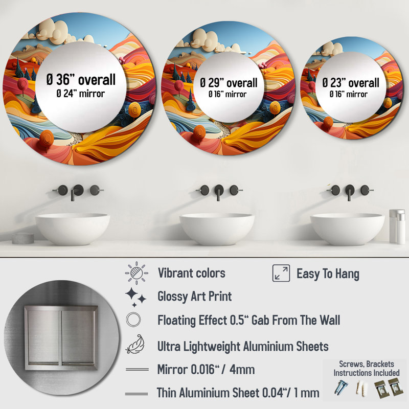 Rondrick Whimsical Fields Of Color Landscape - Countryside Unique Wall Mirror Decor, Yellow Large Round Mirror, Printed Metal Art