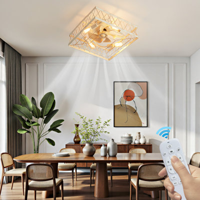 20" Flush Mount White Rubbed Gold Caged Ceiling Fan, Small Modern Ceiling Fan With Remote