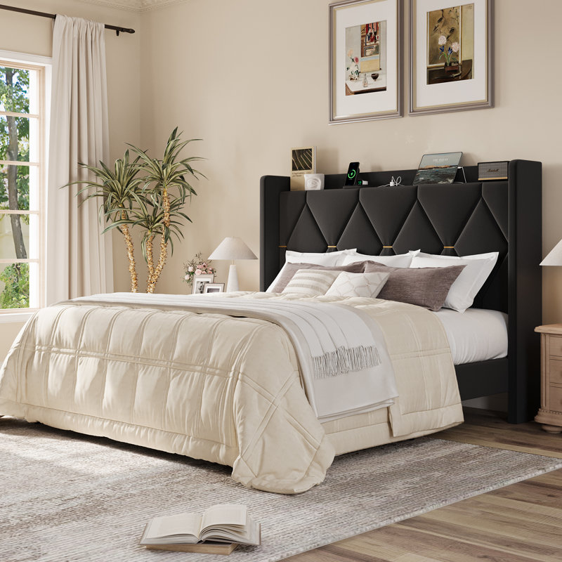 Lit tapissier moderne en velours capitonné avec station de charge et tablette de rangement, aucun sommier nécessaire, Noir