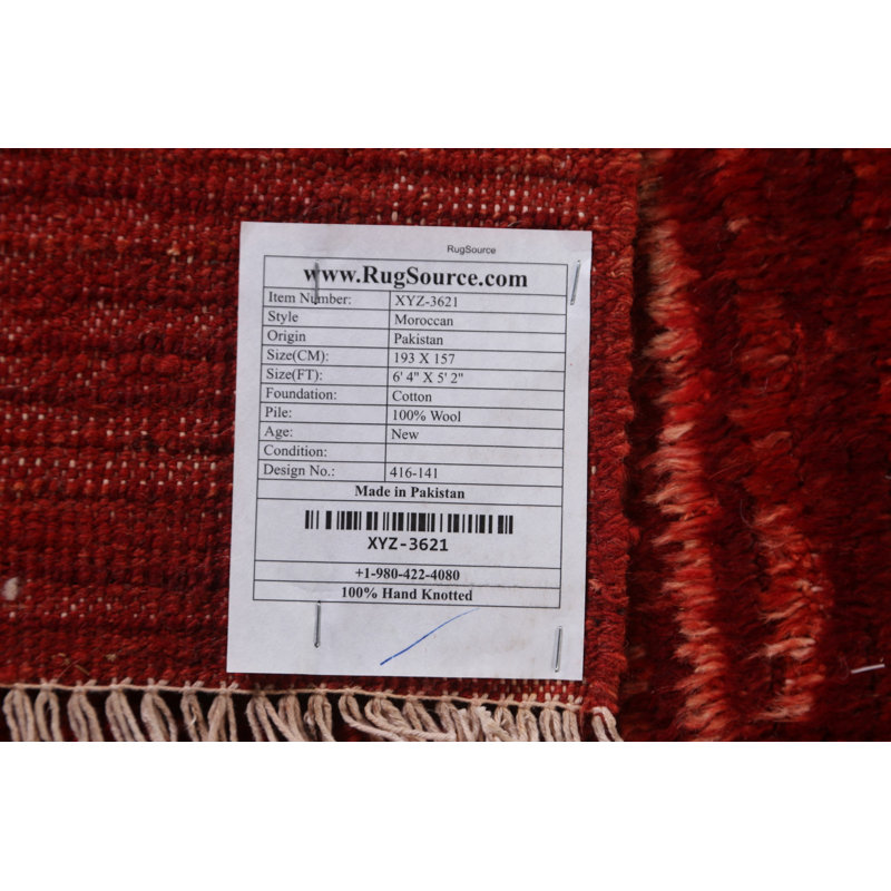 Tapis rouge en laine noué à la main de conception unique 5 pi 2 po x 6 pi 4 po New Age