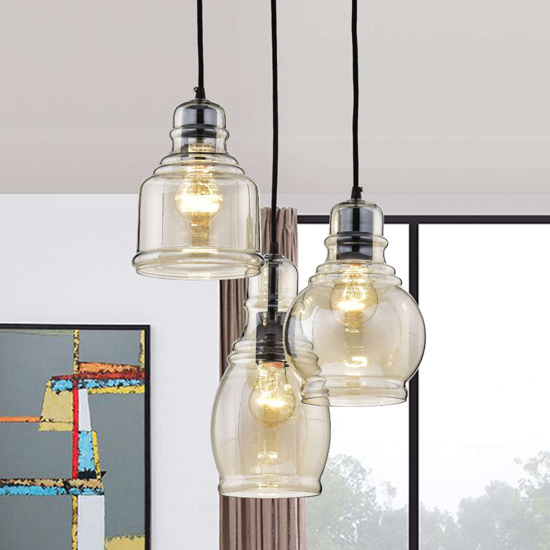 Luminaire suspendu en grappe à 3 lumières en verre cognac noir antique Nickelson