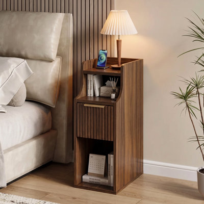 Fluted Narrow Nightstand with Charging and Drawers