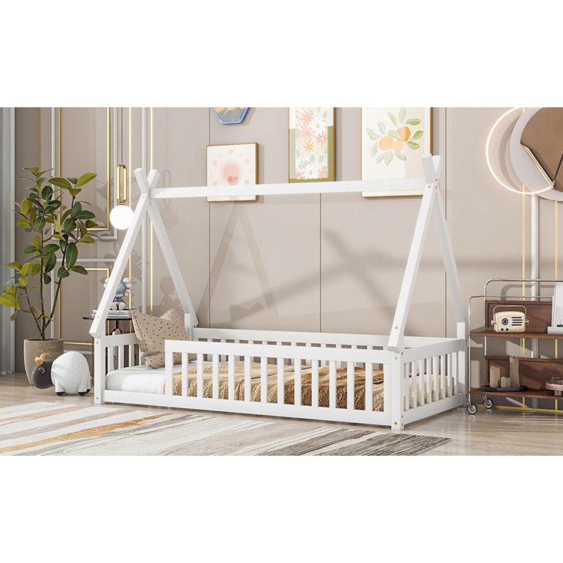 Lit simple en forme de tente, lit tipi avec garde-corps, lattes, blanc, Blanc