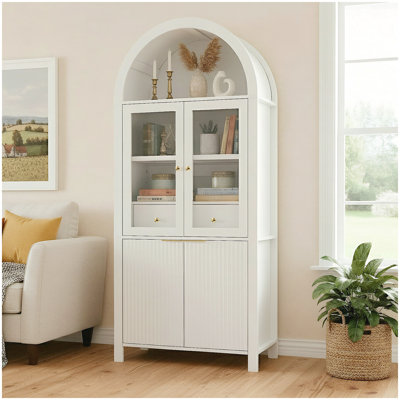 Grand garde-manger arqué cannelé de 71 pouces avec tablettes réglables, rangement élégant avec tiroir caché et porte vitrée pour la cuisine et les espaces de vie