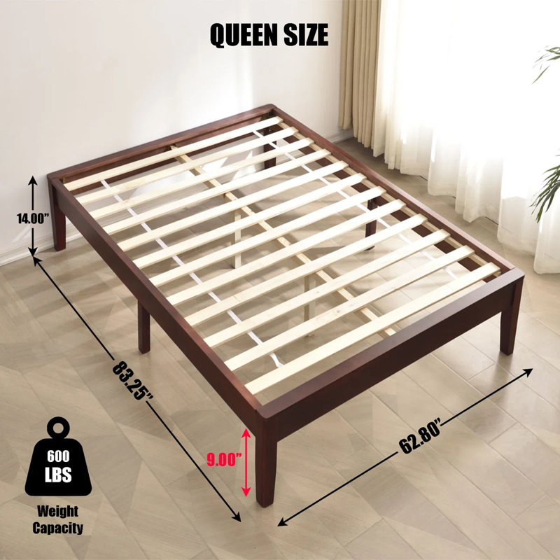 Solid Pine Wood Platform Bed Frame, Mahogany, Queen