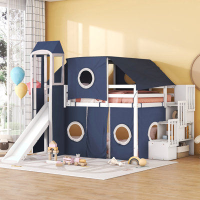 Lit mezzanine double avec tente et tour enchanteresse, créant un espace de jeu et de sommeil magique pour les enfants.