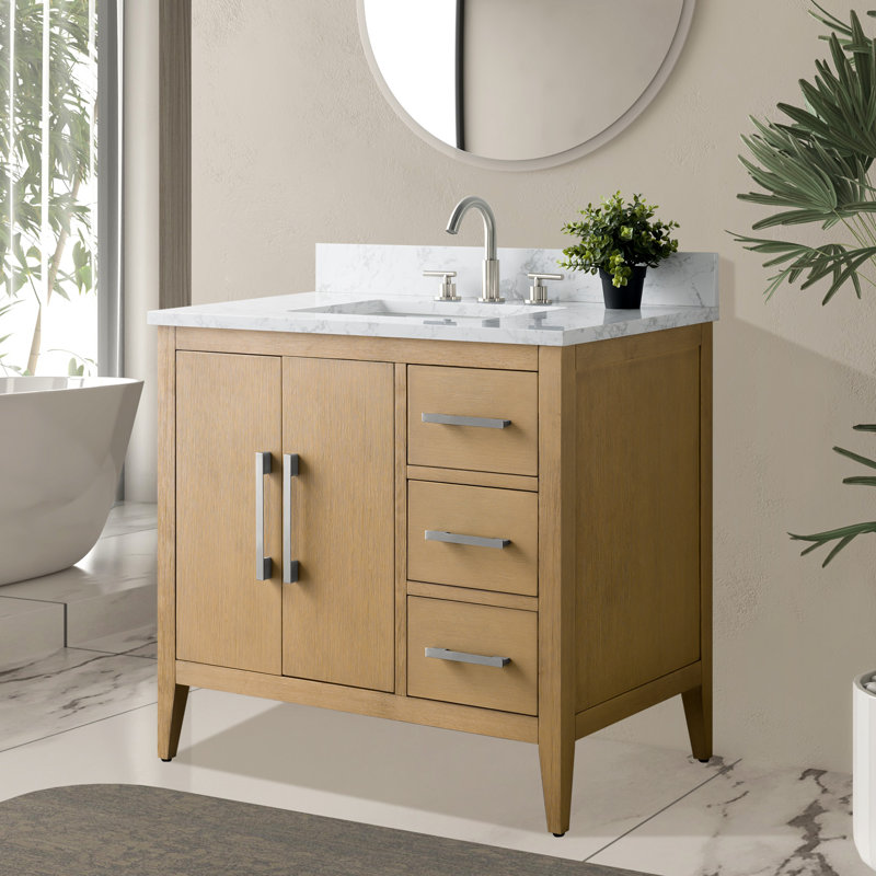 Chambery 36" Single Sink Bathroom Vanity with Engineered Marble Top, Natural Oak, Brushed Nickel
