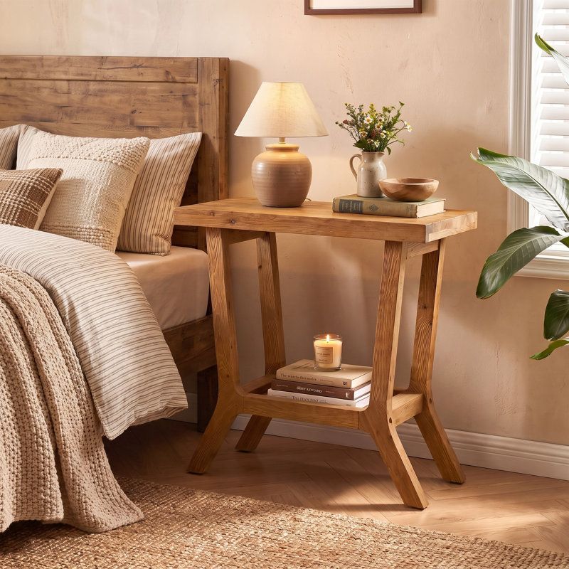 Table d'appoint à 2 niveaux en bois massif, style rustique, avec étagère de rangement inférieure, table de chevet étroite, marron, ensemble de 2