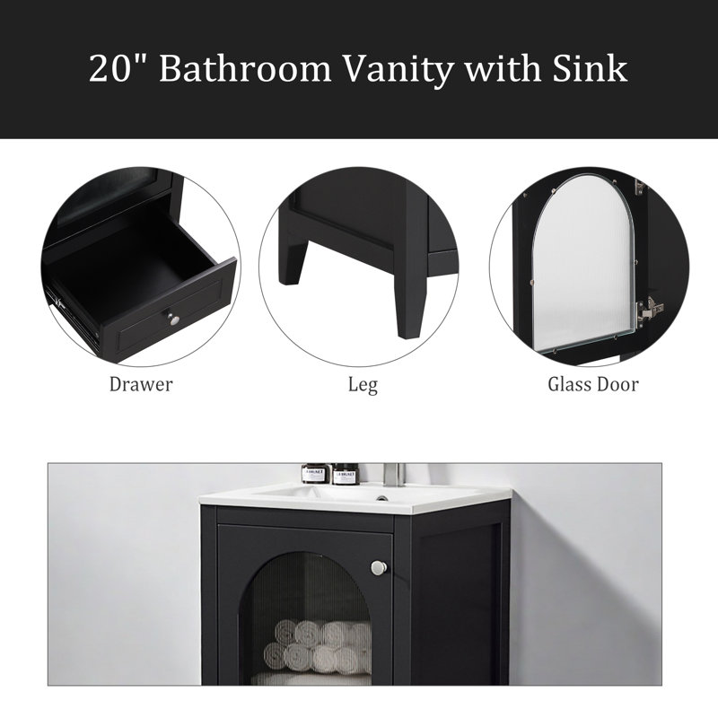 Meuble-lavabo de 20 po avec lavabo, armoire de salle de bain avec porte en verre à fermeture douce, tiroir, Noir