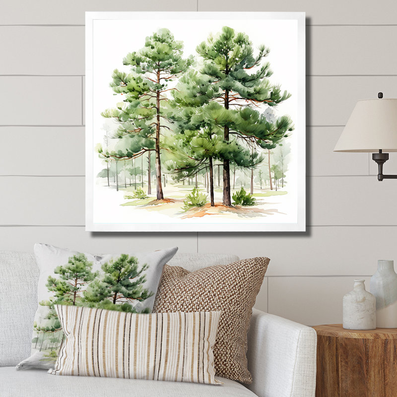 Aquarelle, pin vert, forêt, art mural, H 36 po x l 36 po, Blanc