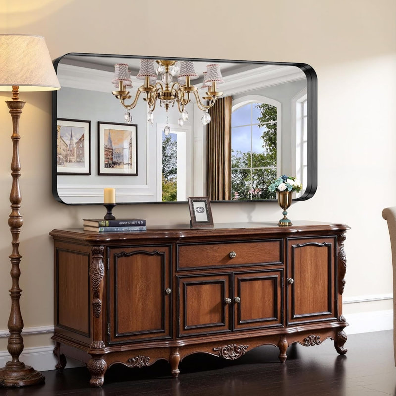 Miroir de salle de bain noir, miroir rectangulaire de 30 po x 60 po avec cadre en métal profond, coin arrondi, verre trempé, grand miroir mural, plus de 2 lavabos, installé verticalement / horizontalement, cristal clair
