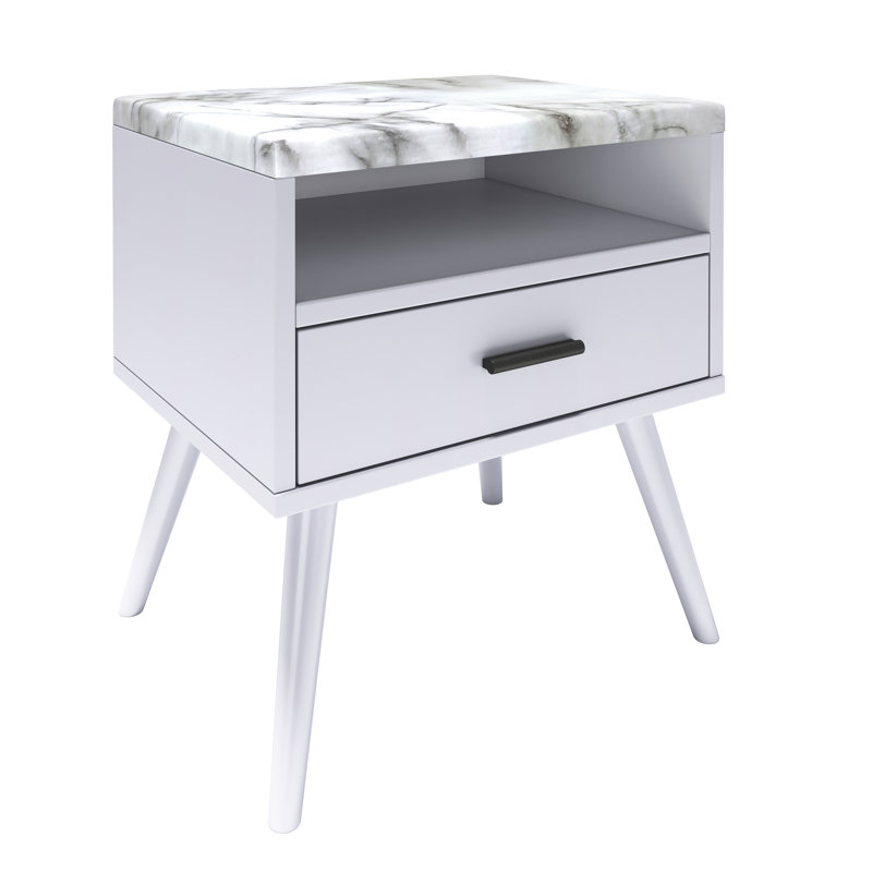 Marcello Mid Century Faux Marble Top Low-Profile Nightstand, White