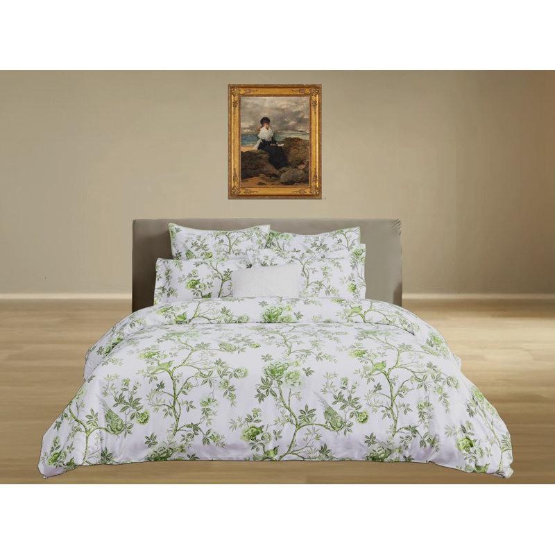 Josephine Duvet Set White, White/Sage, King Duvet Cover + 3 King Shams