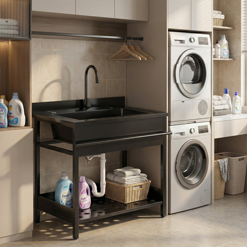 Évier utilitaire autoportant de 45 po en acier inoxydable avec robinet coulissant chaud / froid, lavabos robustes pour atelier, salle de lavage, garage, serre, soins pour animaux de compagnie