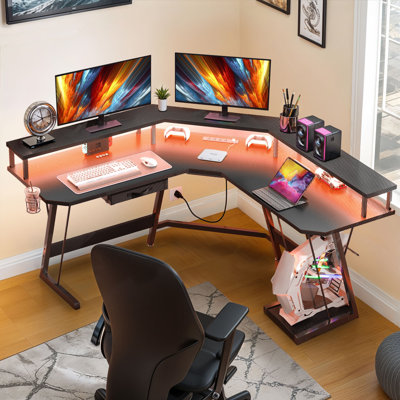 Laione L-Shaped Metal Base Computer Desk with Power Outlet
