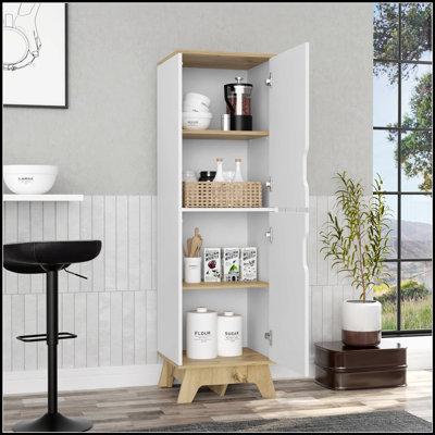 Rutherford 2-Door Light Oak Pantry Cabinet with Spacious Shelves, Perfect for Modern Kitchens and Organized Storage.