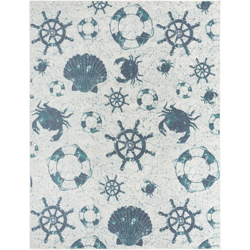 Tapis ivoire / bleu intérieur / extérieur Bertrand, Rectangle 7 pi 10 po x 10 pi
