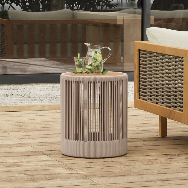 Table d'appoint d'extérieur en corde de rotin et bois d'acacia - Mobilier de balcon de patio pour jardin, cour, balcon, Beige