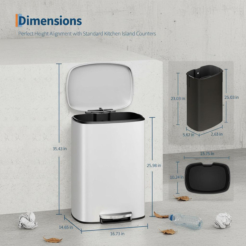 Stainless Steel Step On Kitchen Trash Can - 50L, White