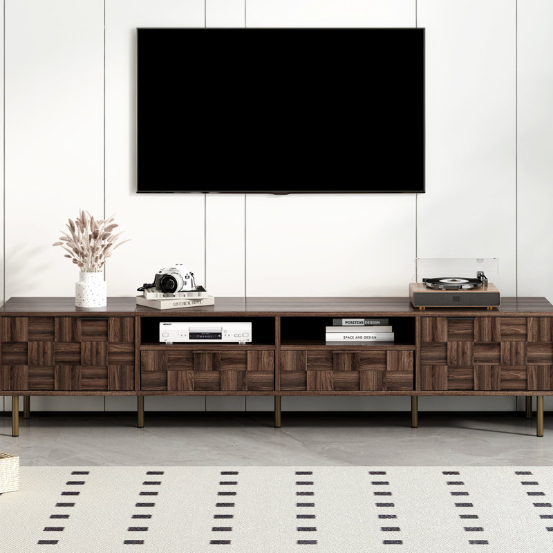 Meuble télé pour téléviseur 85 po: Mid-Century avec 2 tiroirs et une vaste tablette de rangement