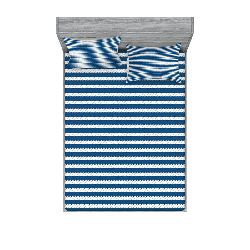 Drap-housse et coussin décoratif bleu marine et blanc Ambesonne, Ensemble de draps pour très grand lit californien