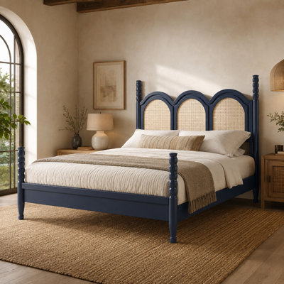 VARELON Queen Four Poster Platform Bed with Arched Woven Headboard, Wood Bed Frame with Slat Support & Under-Bed Storage, No Box Spring Needed