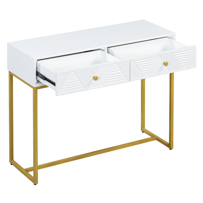 Modern console table with two storage drawers & stripe design, sleek entryway sofa table for living room & hallway, white