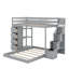 Lit simple superposé au dessus d'un lit double avec tablettes, tiroirs et escaliers-377168684